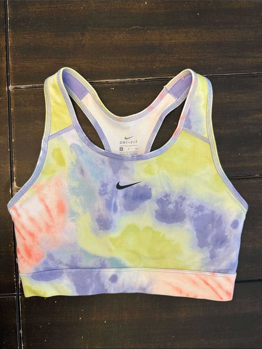 Nike Tie-Dye Dri-FIT Sports Bra in Yellow, Purple, Coral and Light Blue